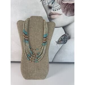MYRA Layered Beaded Handcrafted Necklace Turquoise White Brown Lead-Free